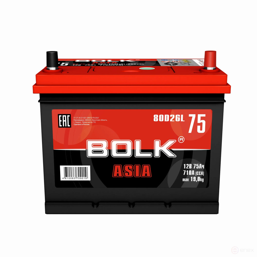 Аккумулятор BOLK ASIA 75 А/ч обратный R+ 260x175x225 D26 EN 710 А
