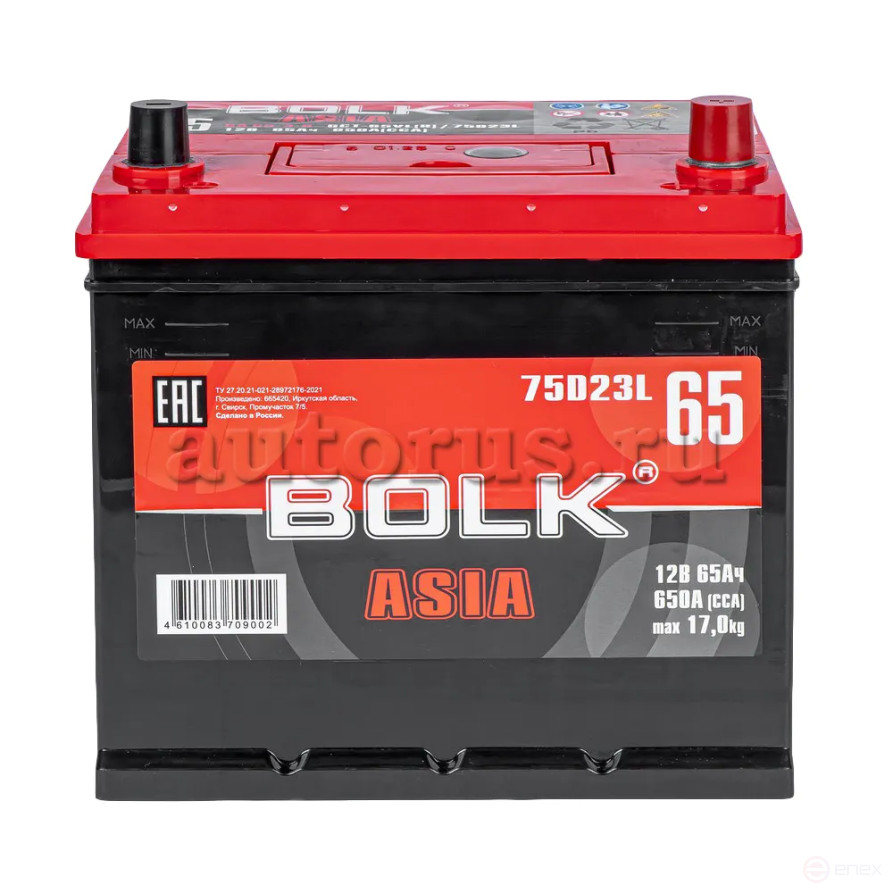 Аккумулятор BOLK ASIA 65 А/ч обратный R+ 232x175x225 D23 EN 650 А