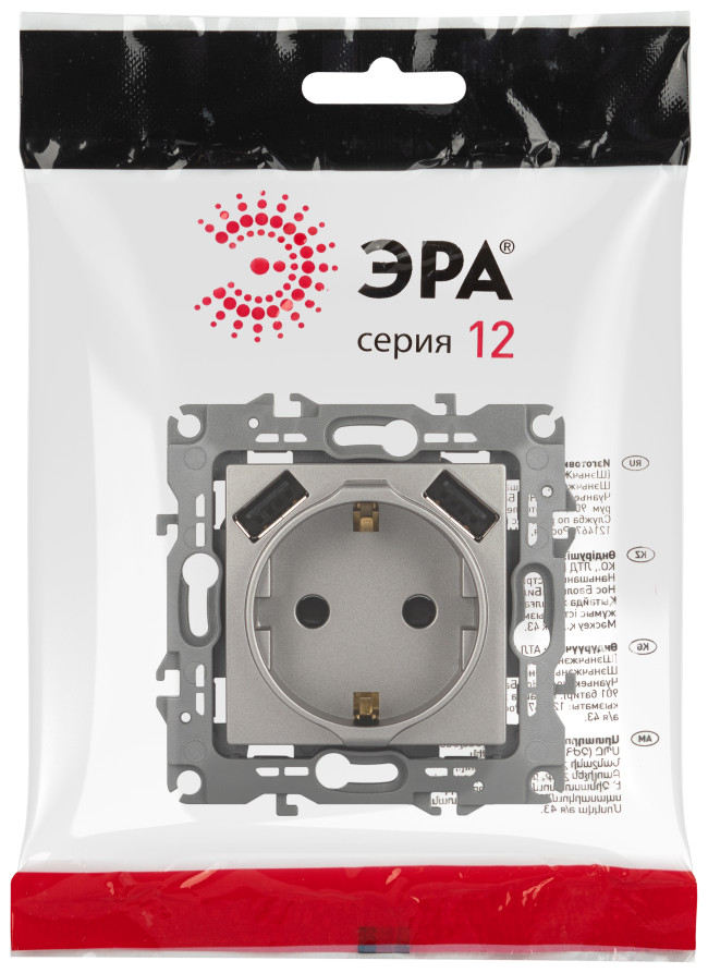 Розетка ЭРА Серия 12 12-4109-16 2P+E 16A-250В шторками с 2xUSB 5В-3А титан