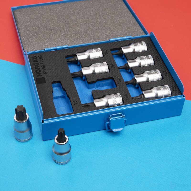 Set of end heads with inserts NORGAU Industrial TORX 1/2”, 9 pieces, NI199-T2060 in a metal box