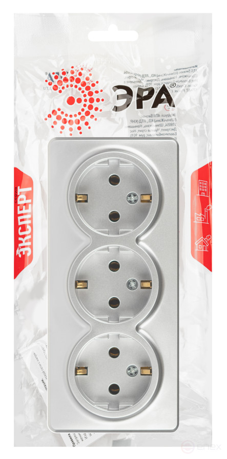Розетка ЭРА Эксперт 11-2208-03 тройная с заземлением 3х2P+E Schuko IP20 16A-250В ОУ алюминий