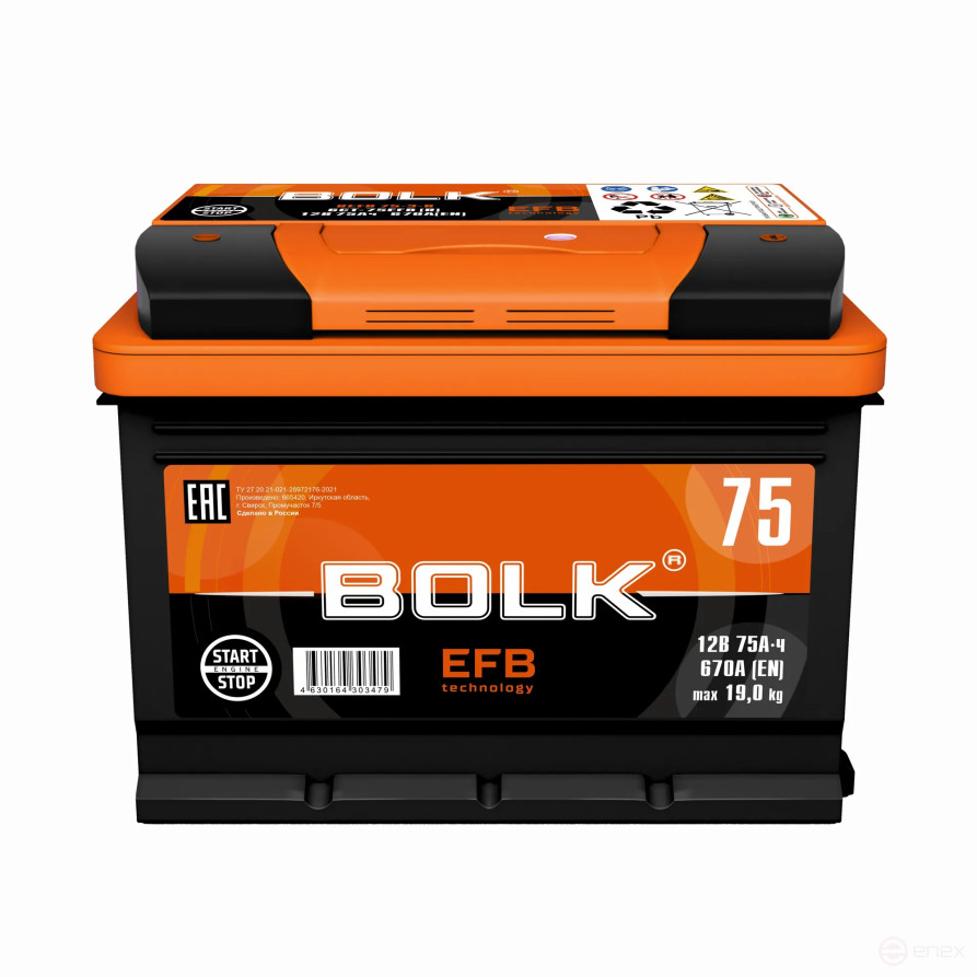 Аккумулятор BOLK EFB Stop&Go 75 А/ч обратный R+ 278x175x190 L3 EN 670 А