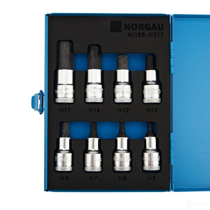 Набор торцевых головок со вставками NORGAU Industrial 1/2”, 8 предметов, NI198-H517 в металлическом ящике