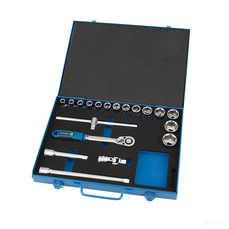 Set of hexagon socket heads NORGAU Industrial with accessories 1/2", 19 pieces, N1919-S1032 in a metal box