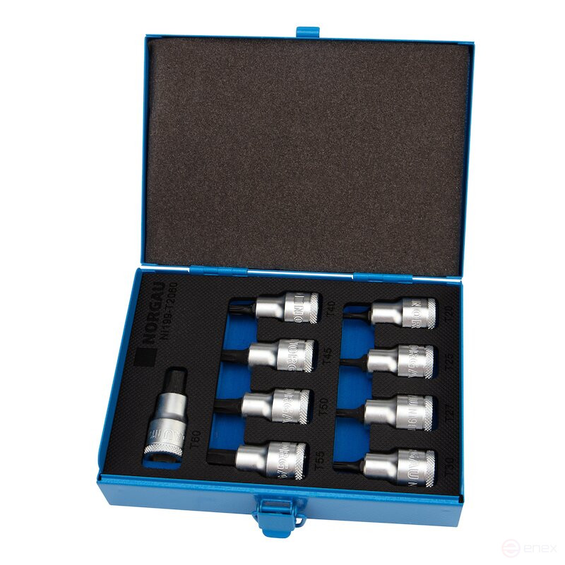 Set of end heads with inserts NORGAU Industrial TORX 1/2”, 9 pieces, NI199-T2060 in a metal box
