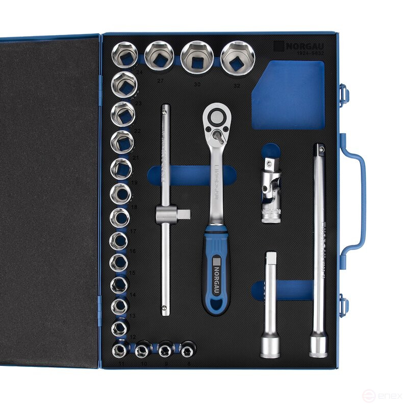 Набор шестигранных торцевых головок NORGAU Industrial с аксессуарами 1/2", 24 предмета, N1924-S832 в металлическом ящике