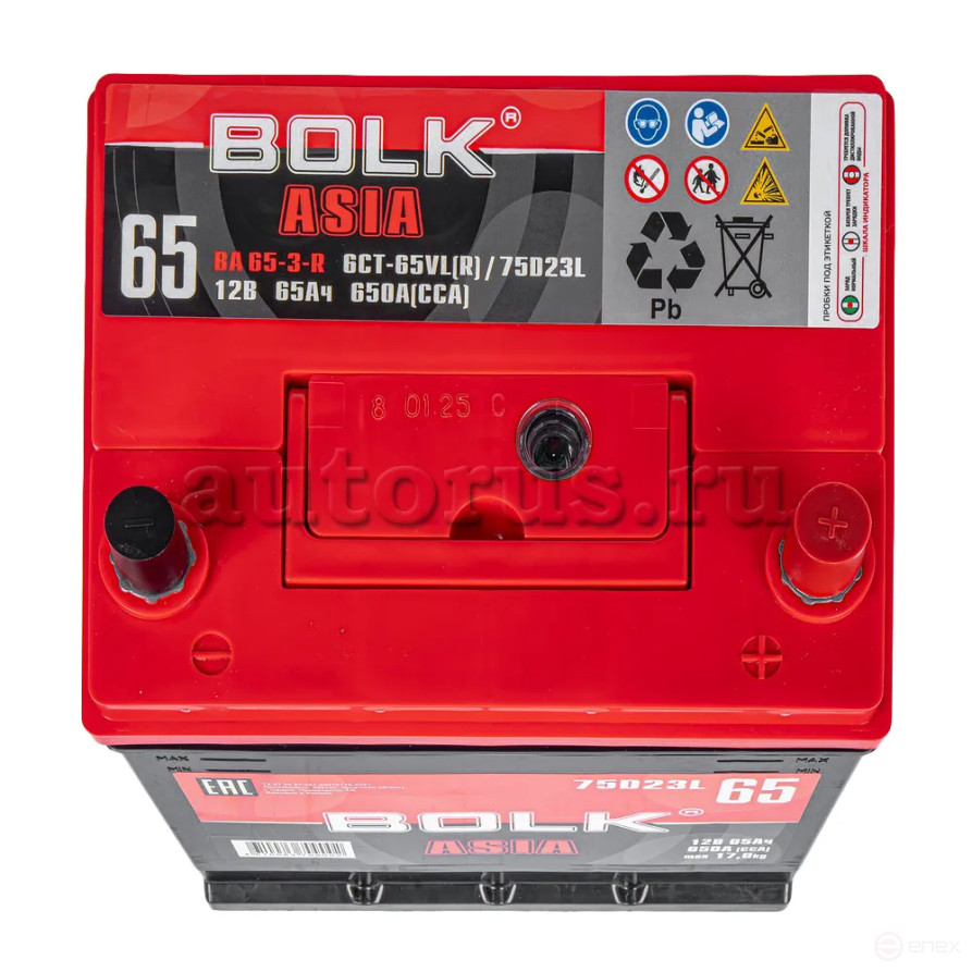 Аккумулятор BOLK ASIA 65 А/ч обратный R+ 232x175x225 D23 EN 650 А
