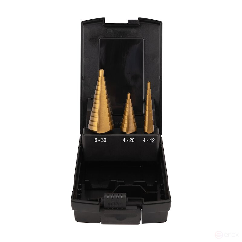 Набор ступенчатых сверл NORGAU industrial по металлу 4-30 мм, HSS/TIN, 3 предмета
