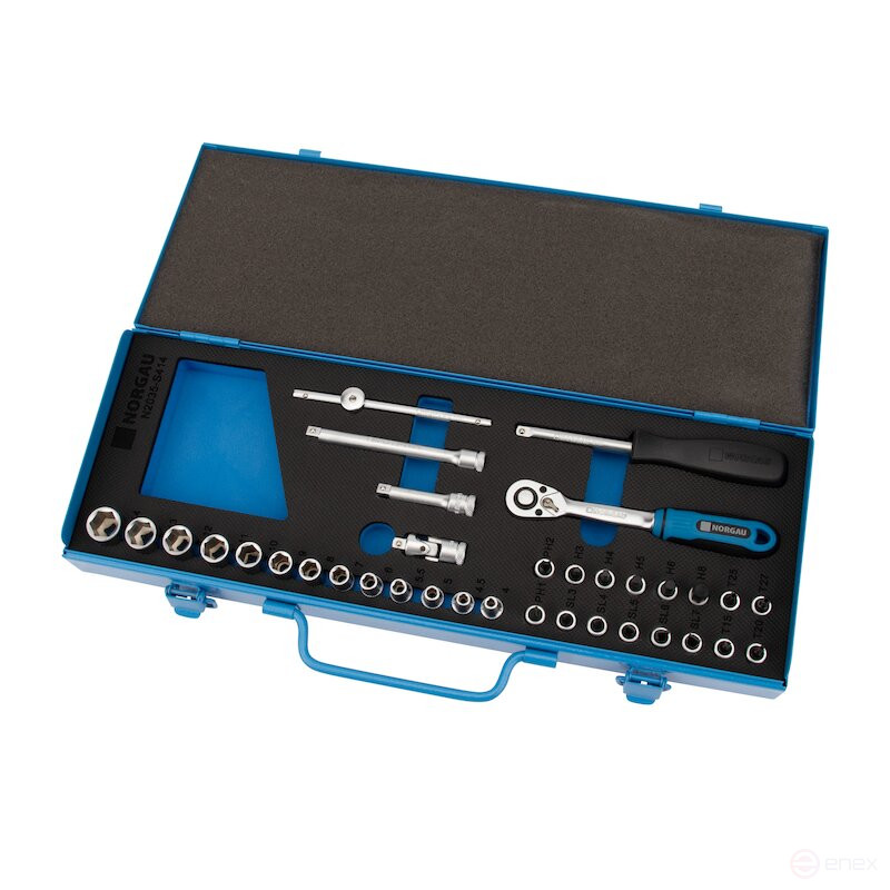 Set of hexagon socket heads NORGAU Industrial with 1/4" accessories, 35 pieces, N2035-S414 in a metal box