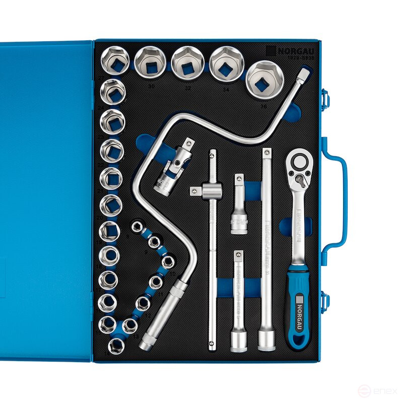 Набор шестигранных торцевых головок NORGAU Industrial с аксессуарами 1/2", 29 предметов, N1929-S836 в металлическом ящике