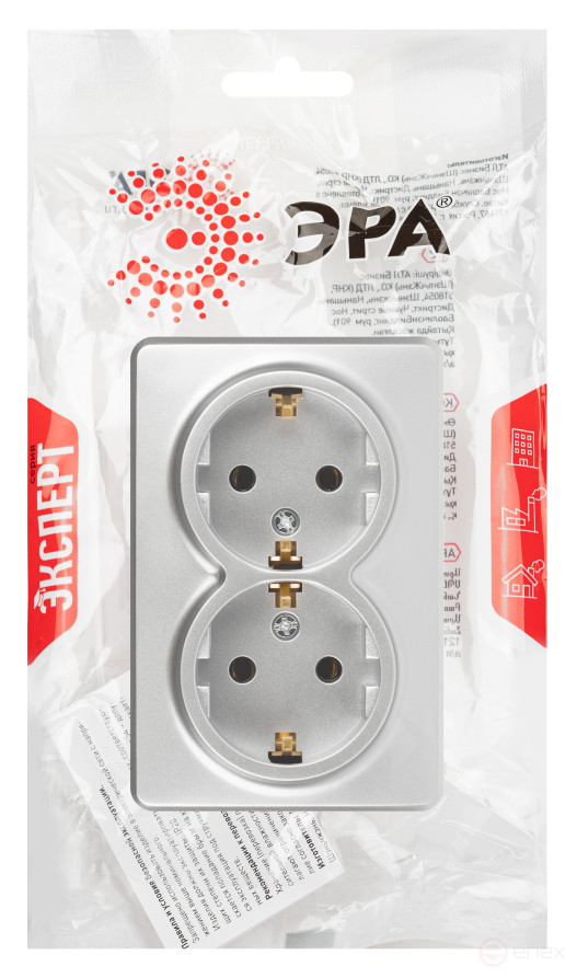 Розетка ЭРА Эксперт 11-2205-03 двойная с заземлением 2х2P+E Schuko IP20 16A-250В ОУ алюминий