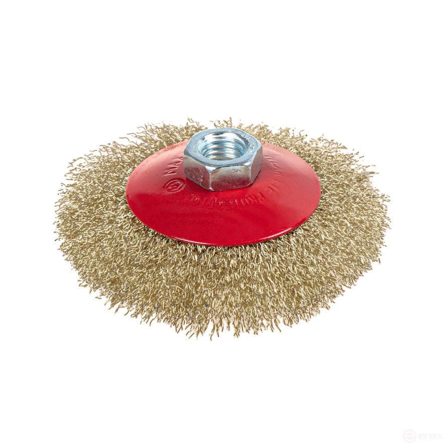 Щетка для УШМ конусная 100 мм, посадка M14, латунированная проволока d=0.3мм, 12500 об/мин ARNEZI R8044100