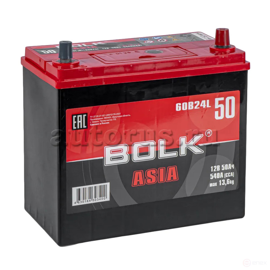 Аккумулятор BOLK ASIA 50 А/ч обратный R+ 238x129x225 B24 EN 540 А