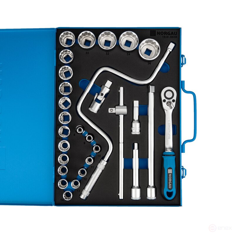 Набор двеннадцатигранных торцевых головок с аксессуарами NORGAU Industrial 1/2", 29 предметов, ND19 в металлическом ящике