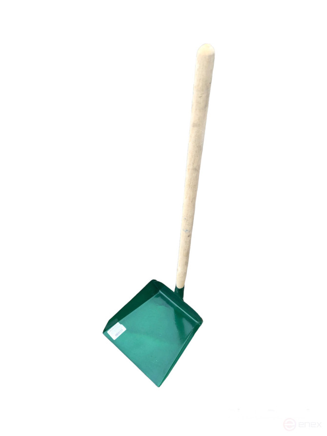 Metal household dustpan with long vertical wooden handle (powder coating)
