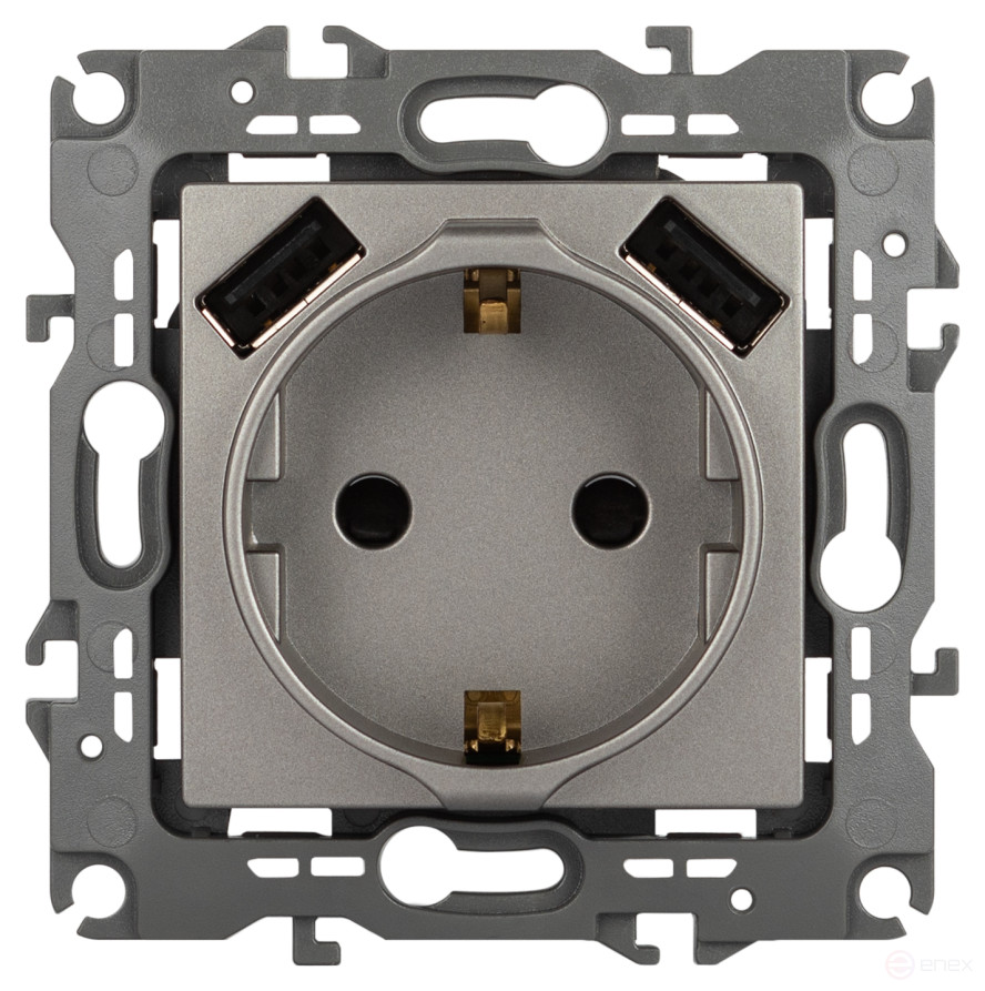 Розетка ЭРА Серия 12 12-4109-16 2P+E 16A-250В шторками с 2xUSB 5В-3А титан