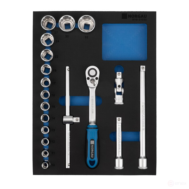 Set of 1/2" NORGAU Industrial twelve-sided end heads in a box, 19 pcs, ND19