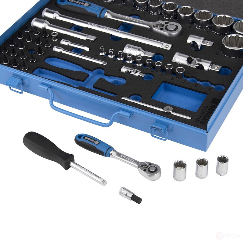 Set of twelve-sided end heads with accessories NORGAU Industrial 1/2 -1/4", 58 pieces, ND192058