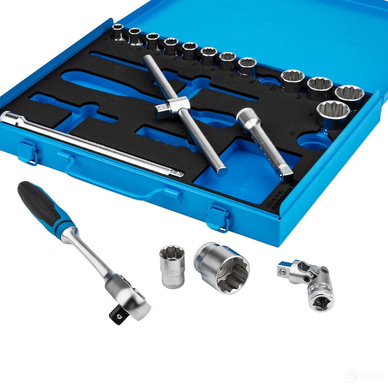 Набор двеннадцатигранных торцевых головок с аксессуарами NORGAU Industrial 1/2", 19 предметов, ND19 в металлическом ящике