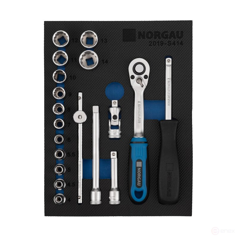 Set of twelve-sided end heads NORGAU Industrial with 1/4” accessories, ND2019-S414, 19 pieces