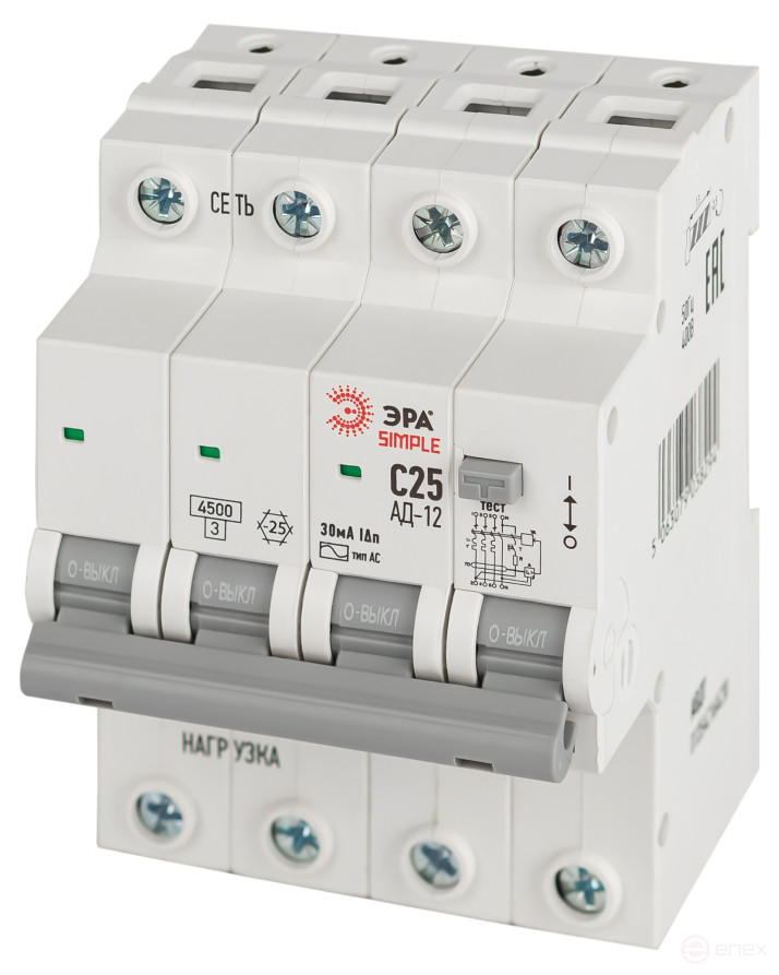 4.5kA ERA SIMPLE differential current circuit breaker D12E4C25AC30 AD-12 electronic 3P+N C25 30mA type AC