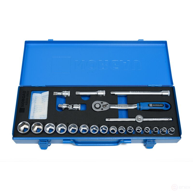 Набор шестигранных торцевых головок NORGAU Industrial с аксессуарами 3/8", 22 предмета, N3022-S622 в металлическом ящике