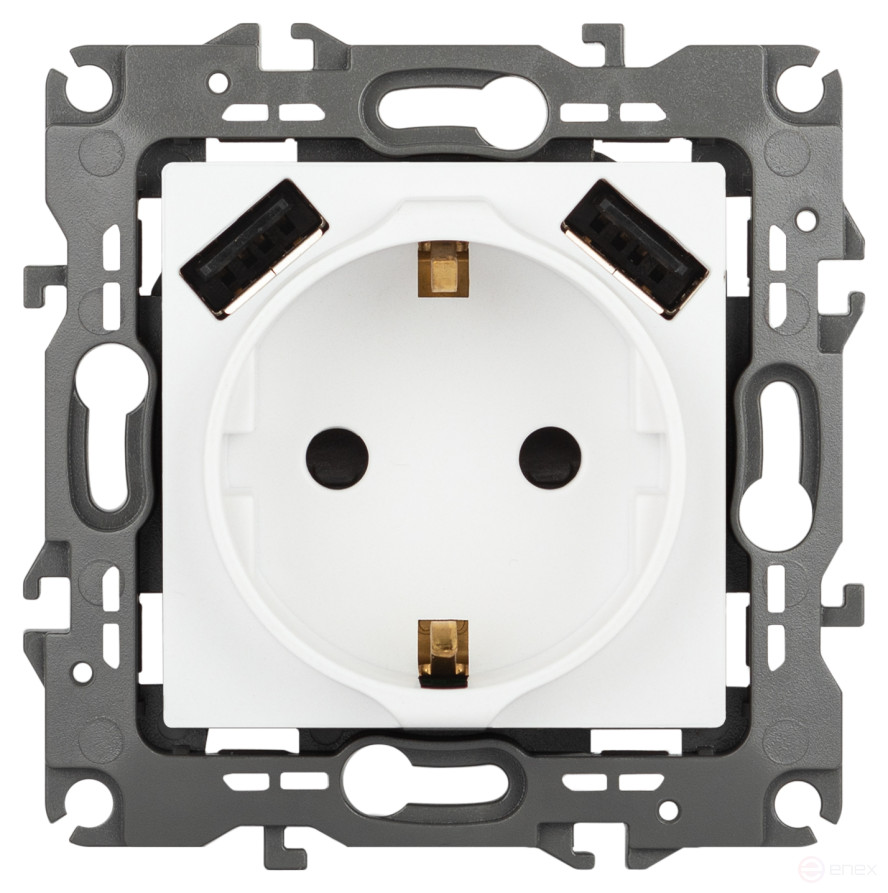 Розетка ЭРА Серия 12 12-4109-01М 2P+E 16A-250В штор. с 2xUSB 5В-3А белый матовый