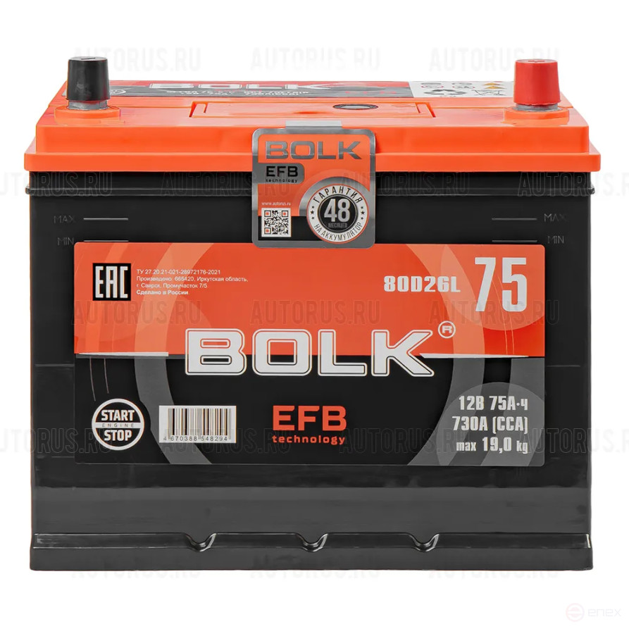 Аккумулятор BOLK EFB ASIA 75 А/ч обратный R+ 260x175x225 D26 EN 730 А