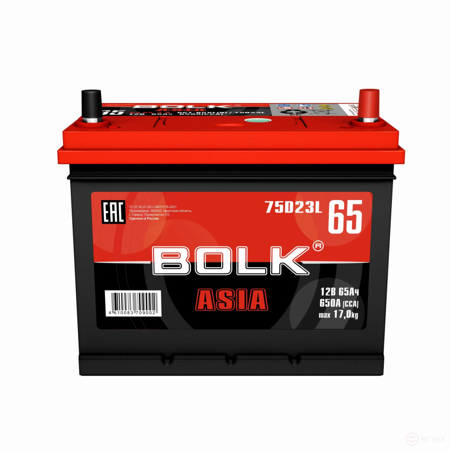 Аккумулятор BOLK ASIA 65 А/ч обратный R+ 232x175x225 D23 EN 650 А