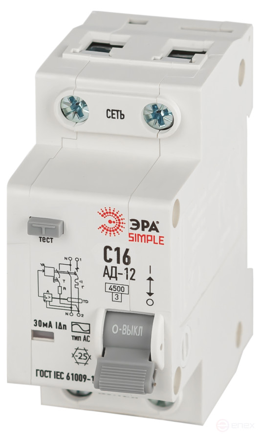 4.5kA ERA SIMPLE differential current circuit breaker D12E2C16AC30 AD-12 electronic 1P+N C16 30mA type AC