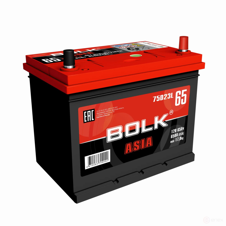 Аккумулятор BOLK ASIA 65 А/ч обратный R+ 232x175x225 D23 EN 650 А