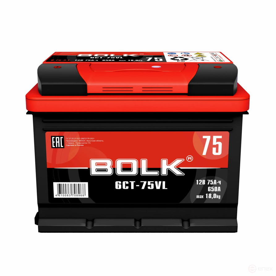 Аккумулятор BOLK Standart 75 А/ч прямой L+ 278x175x190 L3 EN 650 А