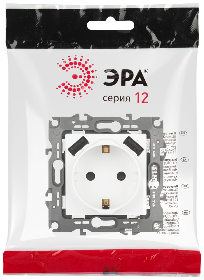 Розетка ЭРА Серия 12 12-4109-01М 2P+E 16A-250В штор. с 2xUSB 5В-3А белый матовый