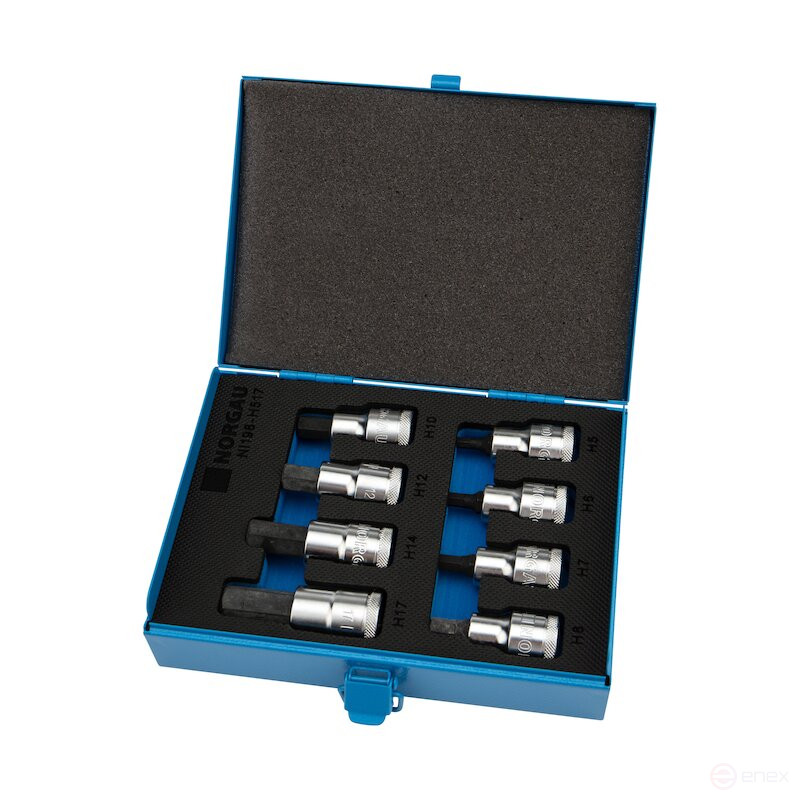 Набор торцевых головок со вставками NORGAU Industrial 1/2”, 8 предметов, NI198-H517 в металлическом ящике