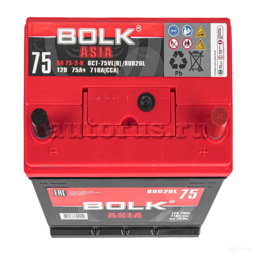 Аккумулятор BOLK ASIA 75 А/ч обратный R+ 260x175x225 D26 EN 710 А
