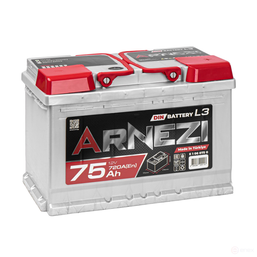 Аккумулятор ARNEZI DIN SMF 75 А/ч обратный R+ 278x175x190 L3 EN 720 А