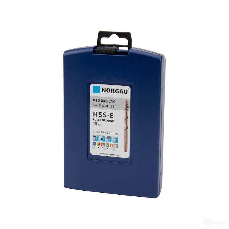 Set of NORGAU Industrial metal drills in a 1-10 mm case, 19 pieces, HSS-E