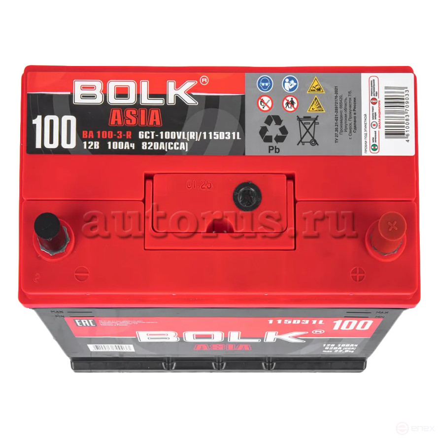 Аккумулятор BOLK ASIA 100 А/ч обратный R+ 306x175x225 D31 EN 820 А