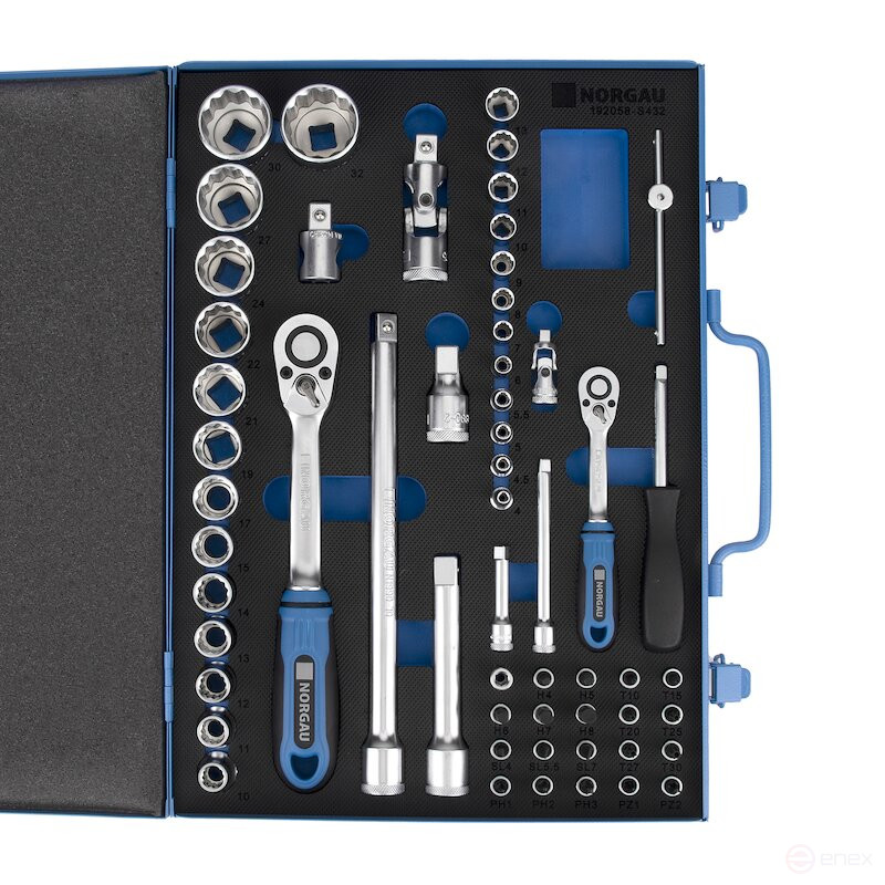 Set of twelve-sided end heads with accessories NORGAU Industrial 1/2 -1/4", 58 pieces, ND192058