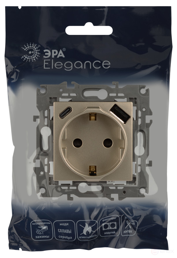 Розетка ЭРА Elegance 14-4108-04 2P+E 16A-250В со шторками с USB type-A+C 5В-3А шампань