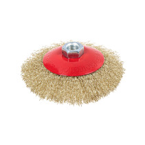 Щетка для УШМ конусная 115 мм, посадка M14, латунированная проволока d=0.3мм, 12500 об/мин ARNEZI R8044115