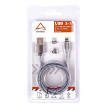 Charging Data Cable 3in1 USB Micro/Type C/Lightning (1m, 3A) magnetic connector, illuminated ARNEZI A0605037