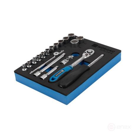 Set of twelve-sided end heads NORGAU Industrial with 1/4” accessories, ND2019-S414, 19 pieces