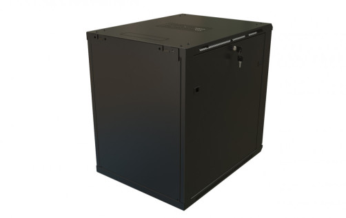 TWB-1868-GP-RAL9004 Wall cabinet 19-inch (19"), 18U, 908x600x800mm, glass door with perforation on the sides, handle with lock, color black (RAL 9004) (disassembled)