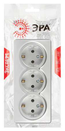 Розетка ЭРА Эксперт 11-2208-03 тройная с заземлением 3х2P+E Schuko IP20 16A-250В ОУ алюминий