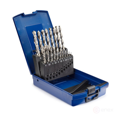 Set of NORGAU Industrial metal drills in a 1-10 mm case, 19 pieces, HSS