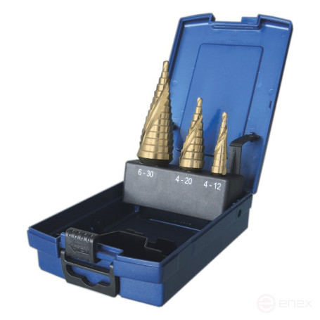 Set of step drills for metal NORGAU industrial with a screw groove of 4-30mm, HSS/TIN, 3 pieces