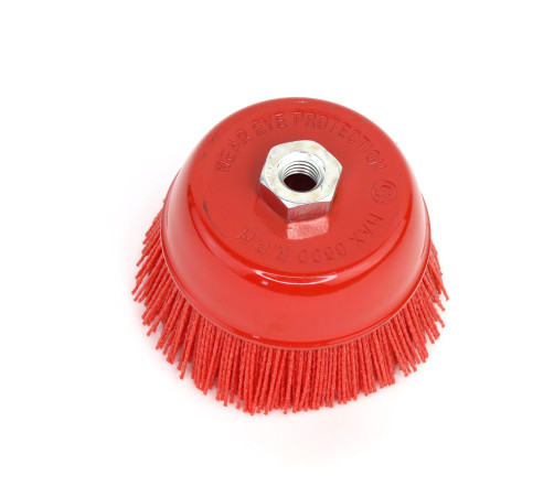 Nylon cup brush D125*M14, pile polymer abrasive P80 on wood for UPM USM (Bulgarian) (9-001)