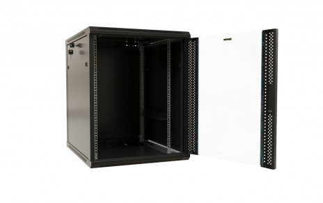 TWB-1268-GP-RAL9004 Wall cabinet 19-inch (19"), 12U, 650x600x800mm, glass door with perforation on the sides, handle with lock, color black (RAL 9004) (disassembled)