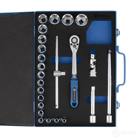 Набор шестигранных торцевых головок NORGAU Industrial с аксессуарами 1/2", 24 предмета, N1924-S832 в металлическом ящике